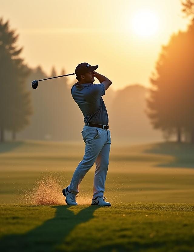 Golfer beim Abschlag im frühen Morgenlicht