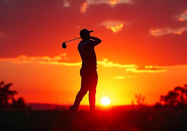 Die Silhouette eines Golfers vor dem Sonnenuntergang
